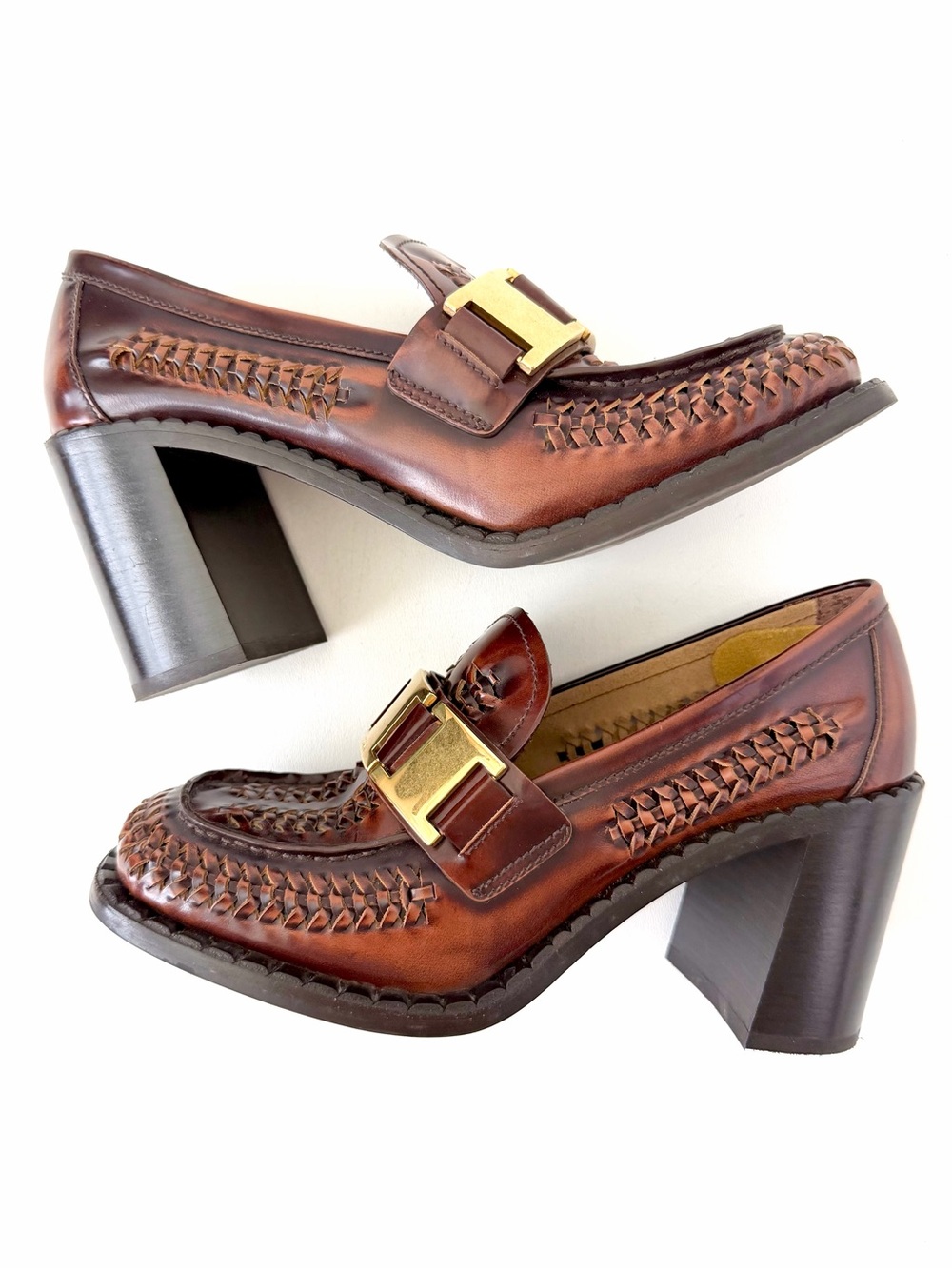 PRADA | Spring 2020 Runway Woven Leather
Block Heel Loafers Brown Gold Logo 40 - Picture 5 of 14